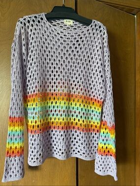 BiBi Lavender Open-Weave Sweater with Rainbow Stripe Bands